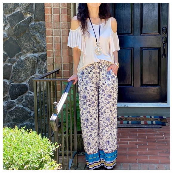 BOHO PRINT WIDE  LEG TIE FRONT PANTS - Picture 5 of 12